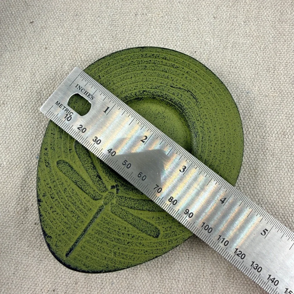Set of 5 Japanese Cast Iron Dragonfly Tea Cups and Saucers Green Enamel Lining